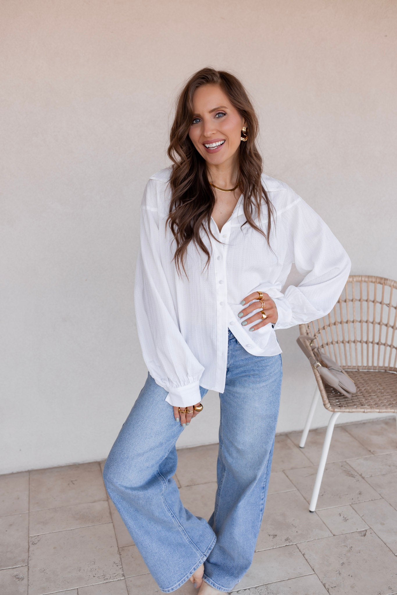 Let Loose Textured Lantern Sleeve Button Down