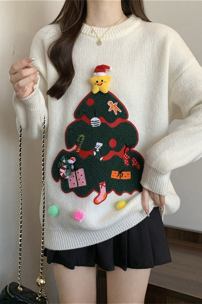 3D Pom Pom Tree Print Sweater
