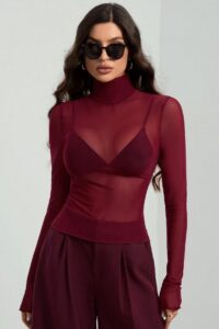 Stand Collar Solid Mesh Slim Fit Long Sleeve Tee