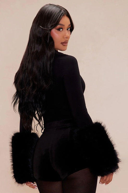 Sexy Slim Fit Cuff Fuzzy Patchwork Solid Long Sleeve Tee