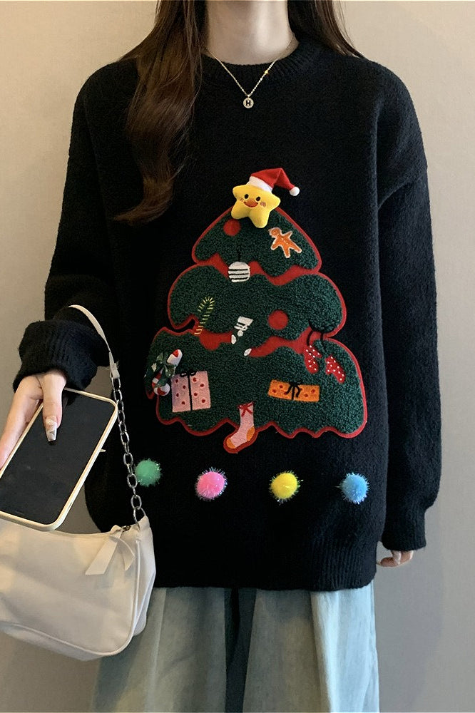 3D Pom Pom Tree Print Sweater
