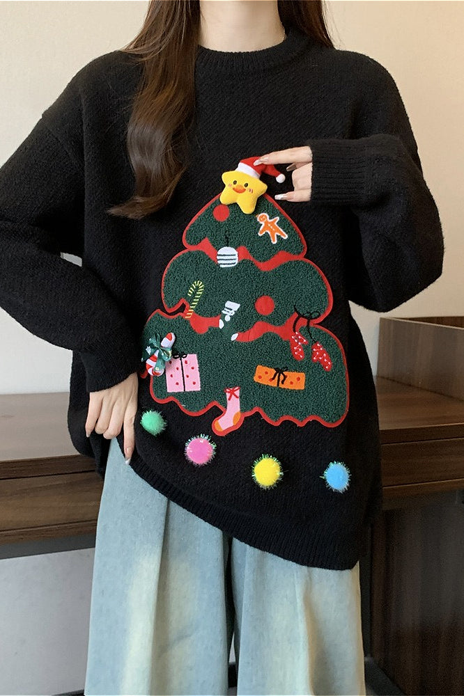 3D Pom Pom Tree Print Sweater