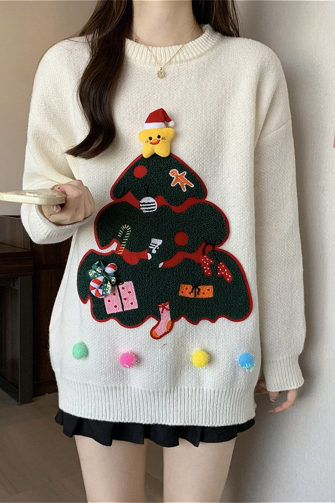 3D Pom Pom Tree Print Sweater