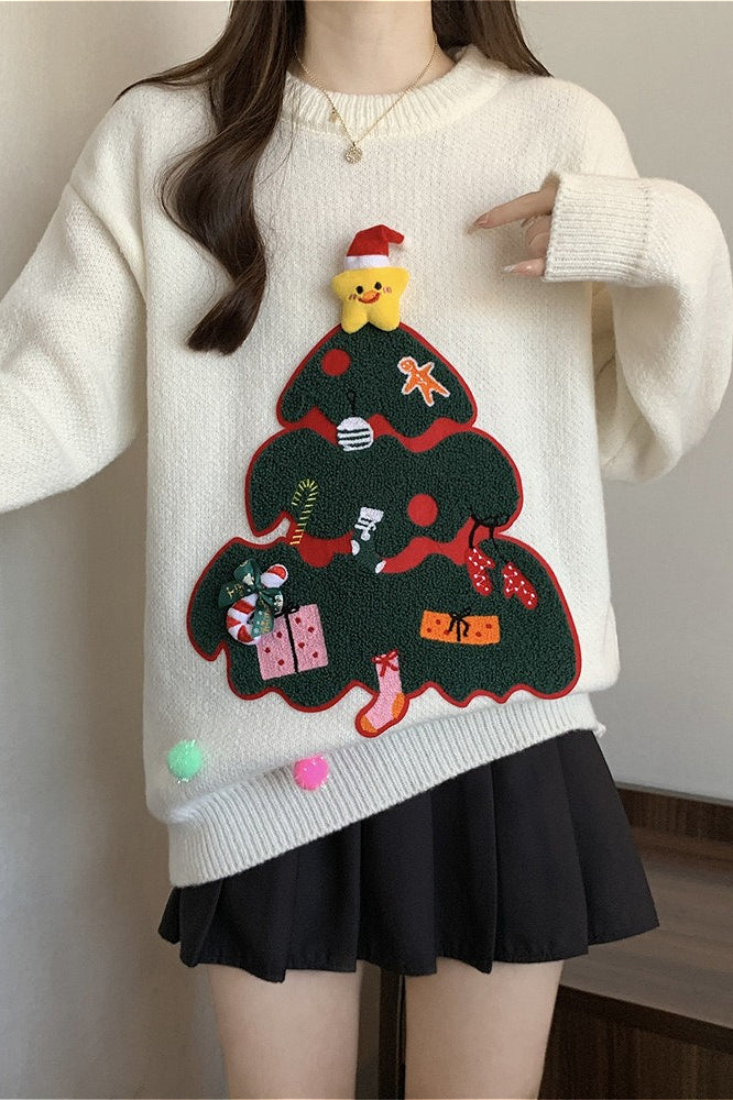 3D Pom Pom Tree Print Sweater