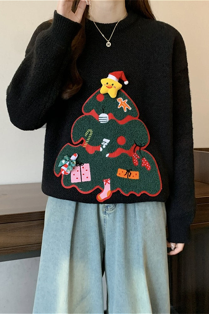 3D Pom Pom Tree Print Sweater