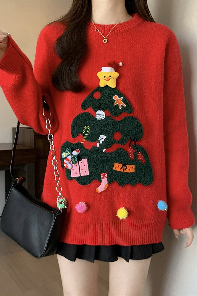 3D Pom Pom Tree Print Sweater